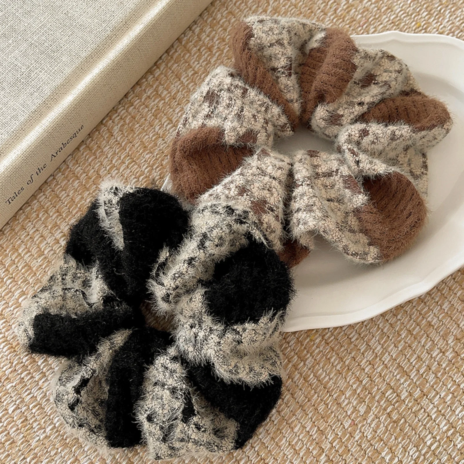 1PC Fuzzy Plaid Scrunchies,Black Brown Hair Ties, Soft Fluffy Knit Hair Accessories, Stylish Winter Hair Decor