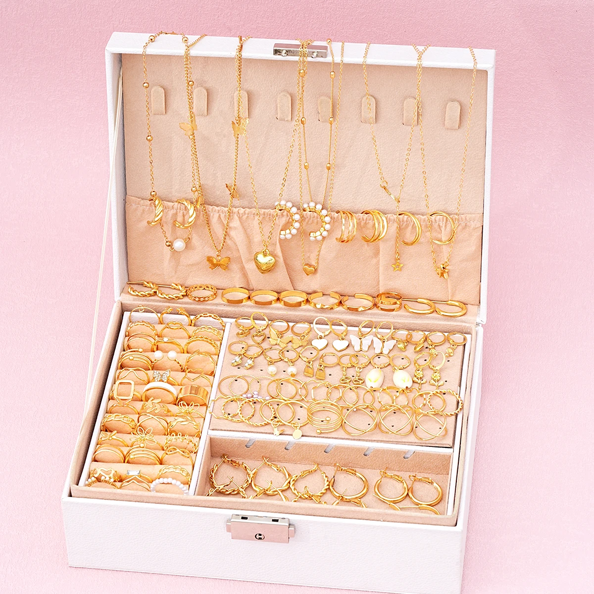 114-piece Jewelry Set Lovely Atmosphere Lady Punk Pearl Metal Ring Earring Necklace Set 3