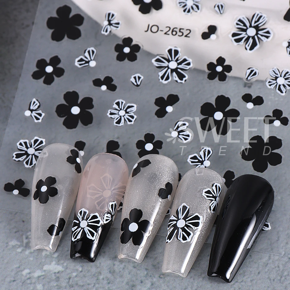 3pcs 3D Black French Flower Nail Stickers Simple Gold Silver Petal Nail Decals Sliders Autumn Manicure Decoration Nail Supplies