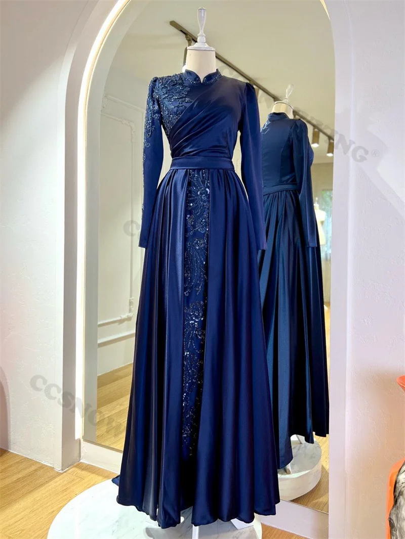 

Satin Appliques Beaded Muslim Evening Dresses Long Sleeve Islamic Formal Party Gowns High Neck Women Arabic Robes De Soirée