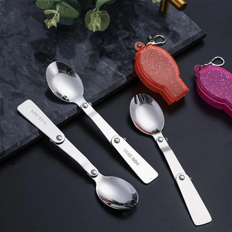 304 Stainless Steel Folding Spoon Outdoor Portable Foldable Reusable Forks Travelling Spoon Case Camping Tableware Kitchen Tools camping cutlery portable tableware portable cutlery titanium tableware