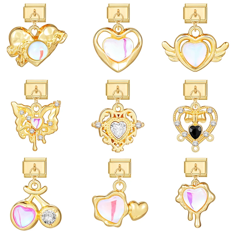 Golden Color Colored Zircon Butterfly Bird Love Heart Italian Charm Links for 9mm Bracelet Stainless Steel Diy Jewelry Making bracelet charm links