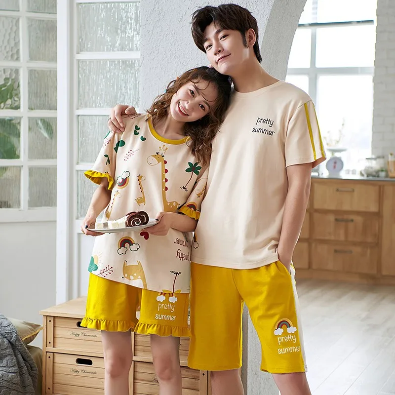 Cotton Cartoon Cute Sleepwear For Couples Summer Women Short Pajamas Set Men Nightwear Plus Size 3XL Pjs Loungewear Freeship