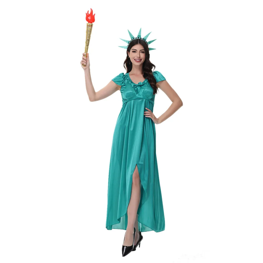 Adult Women's Statue of Liberty Costume Halloween Party Cosplay Ancient Greek Goddess Long Dress and