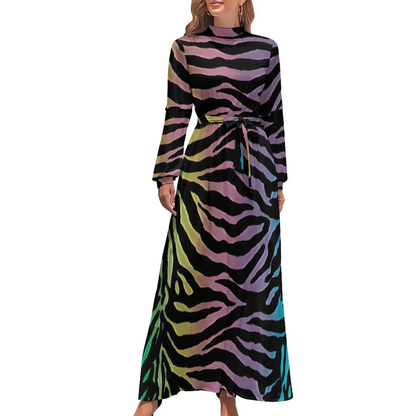 

Rainbow Black Stripe Zebra Dress Long Sleeve Animal Print Sexy Maxi Dress High Waist Aesthetic Custom Boho Beach Long Dresses