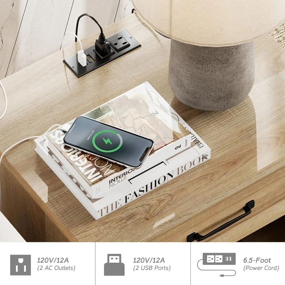 Set of 2 Nightstands with Drawers & Charging Station, 2 Pack with Solid Wood Feet, Nightstands 5