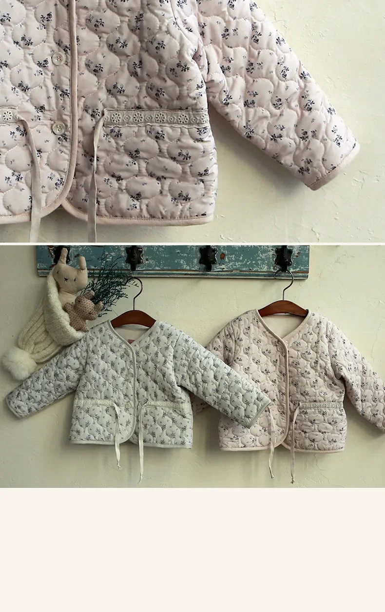 Winter New Girls Cute Print Parkas Fragmented Flowers Waist Children's Cotton Coat