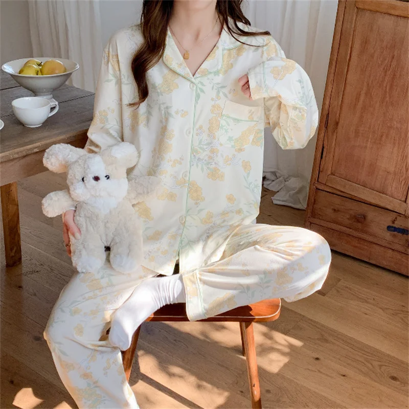 Spring Autumn Women's Thin Pajamas Lapel Long Sleeve Cardigan Pants Loose Casual Home Clothing Set Girls Sweet Printed Sleepwear