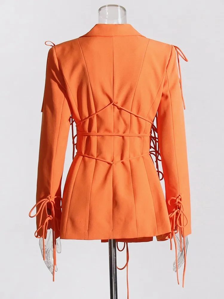 KBQ Spliced Bow Temperament Blazer For Women Notched Collar Long Sleeve Hollow Out Solid Tunic Blazers Female Fashion Style New