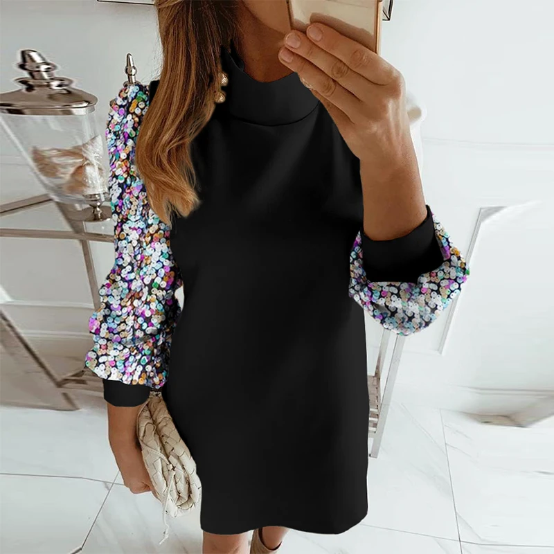 

Autumn Fashion Temperament Slim A-line Dress Elegant Sequin Patchwork Turtleneck Dress Female Long Sleeve Commute Short Dresses