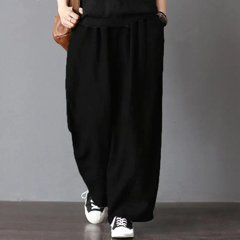 

Women's Spring and Summer New High Waist Elastic Wide Legged Pants Retro Fashion Dad Pants Solid Pocket Casual Versatile Pants