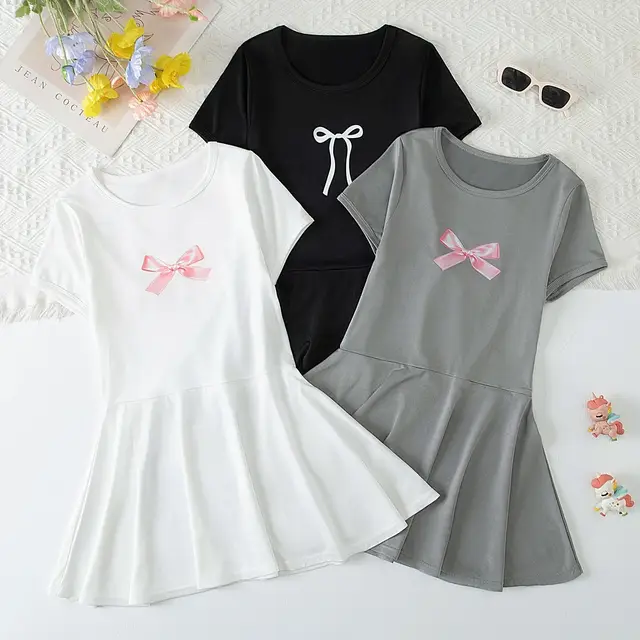 Robe d'été confortable et décontractée pour filles, robe plissée à imprimé nœud doux et mignon pour enfants, jupe à col rond et longueur genou, 1/3 pièce 1