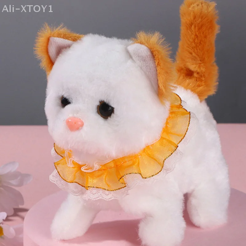 Cute Simulated Collar Lace Kitten Plush Toy Electronic Stuffed Doll Toy Walking Tail Wagging Head Shaking For Kids Birthday Gift
