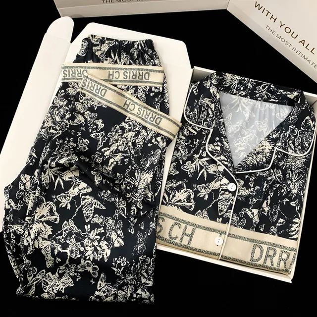 Spring and Autumn New Ladies Ice Silk Pajamas Homewear Suit Women Fashion Long-Sleeved Trousers Senior Sense of Homewear Suit