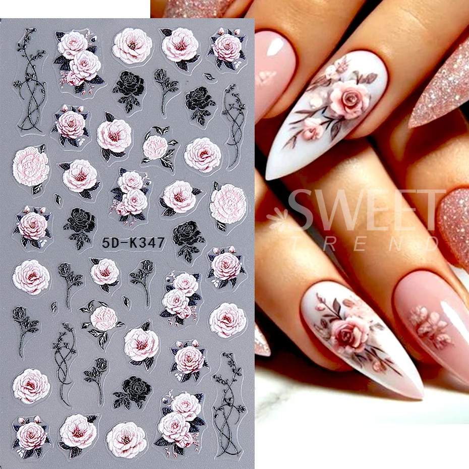 Red Rose Flower Nail Art Stickers 5D Embossed Self-Adhesive Spring Flowers Leaves Design Decals for Women Valentine Decoration