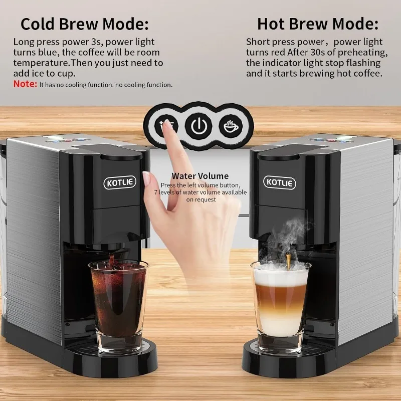 KOTLIE 5in1 Level 7 Water Volume Espresso Machine, 19Bar Single Serve Coffee Maker, Hot&Cold Brew Coffee Machine (Medium) 5