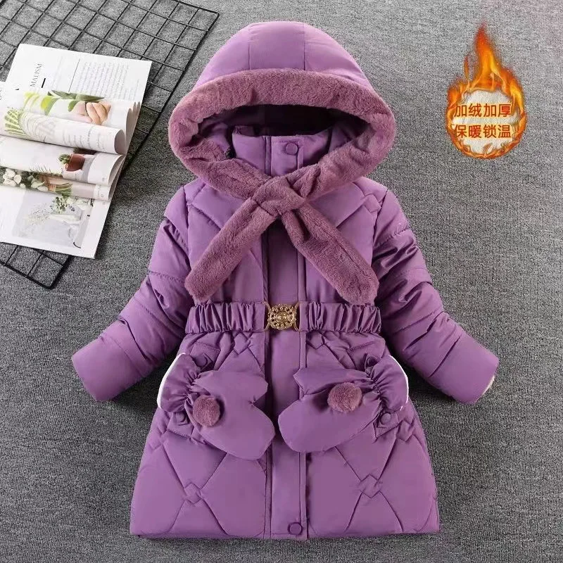 Girls Winter Jacket Fur Collar Hooded Zipper Outerwear 6-12 Years