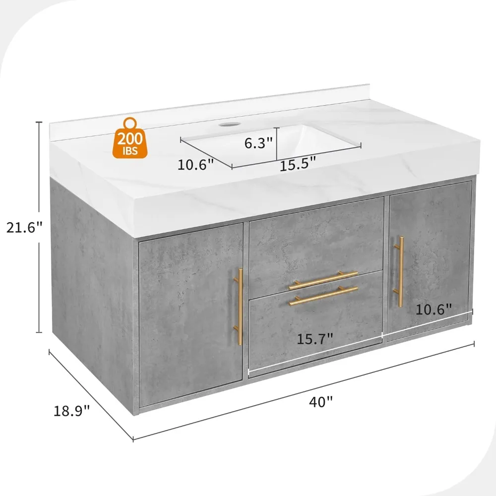 40 Inch Bathroom Vanity, Wall Mounted Vanity with Sintered Stone Countertop and Ceramic Basin Sink, Bathroom Cabinet with Sink