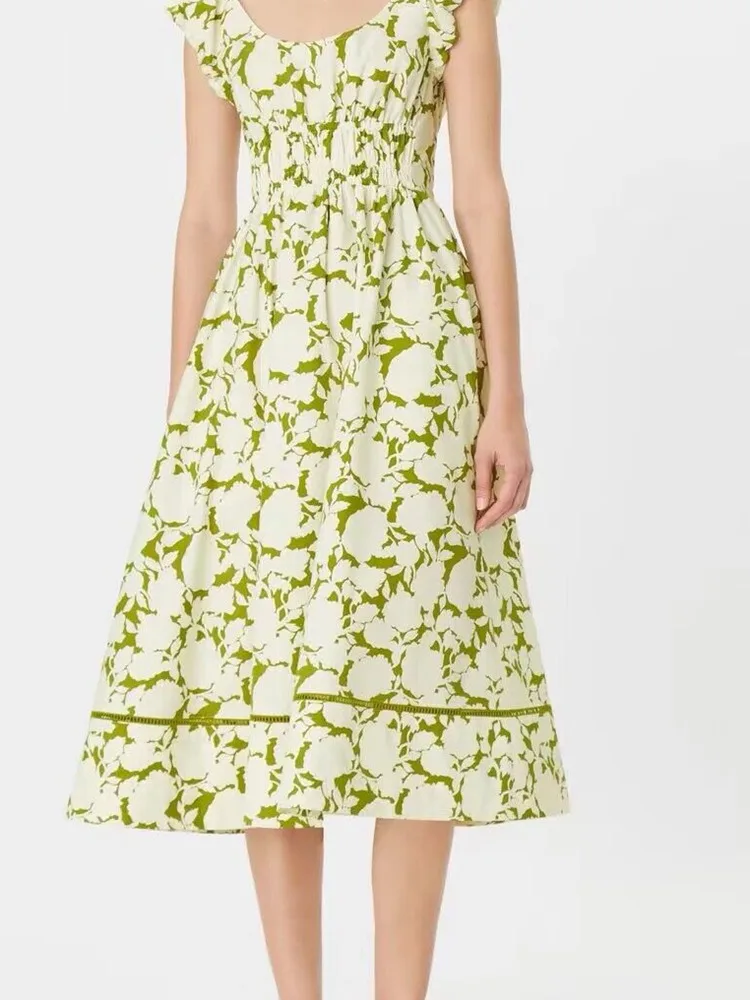

2023 Summer New Green Floral Print Vest Dress Women
