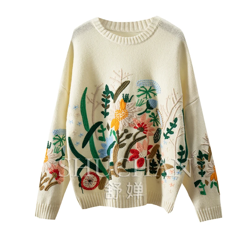 

Embroidery Sweater Women Pullover LOOSE Wool Prairie Chic Sueter Mujer Invierno 2023 Long Sleeve Top