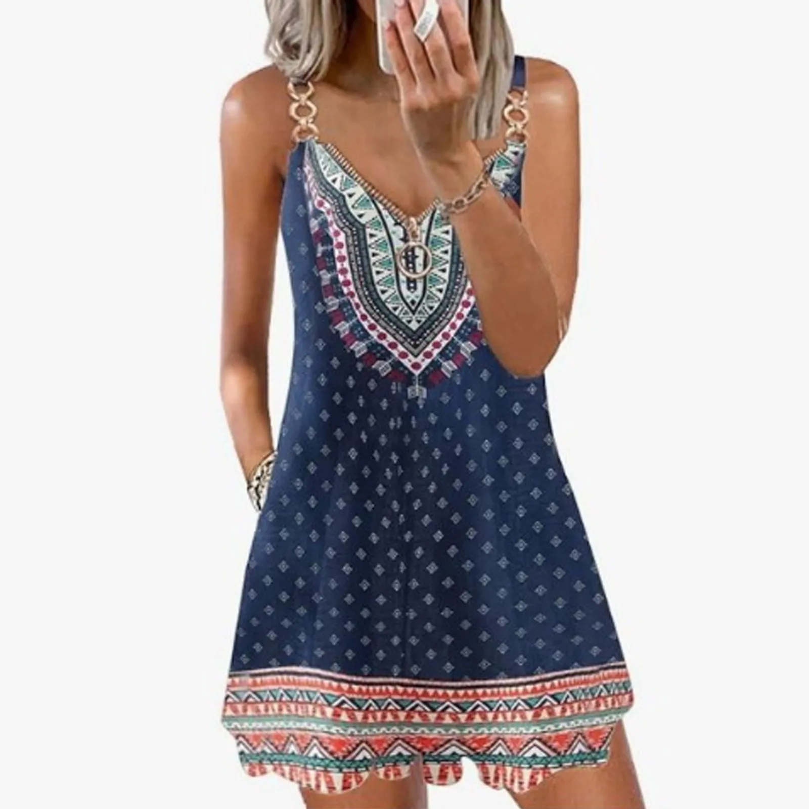 

Women Summer Dresses Boho Floral Print Beach Dress V Neck Sleeveless Spaghetti Strap Sundresses With Solid Color T Shirt Dress