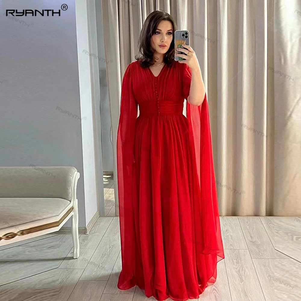 

Red Evening Dresses A-line V-neck Long Cap Sleeves Prom Dress Tulle V-Neck Formal Occasion Gown Saudi Arabia فساتين السهرة