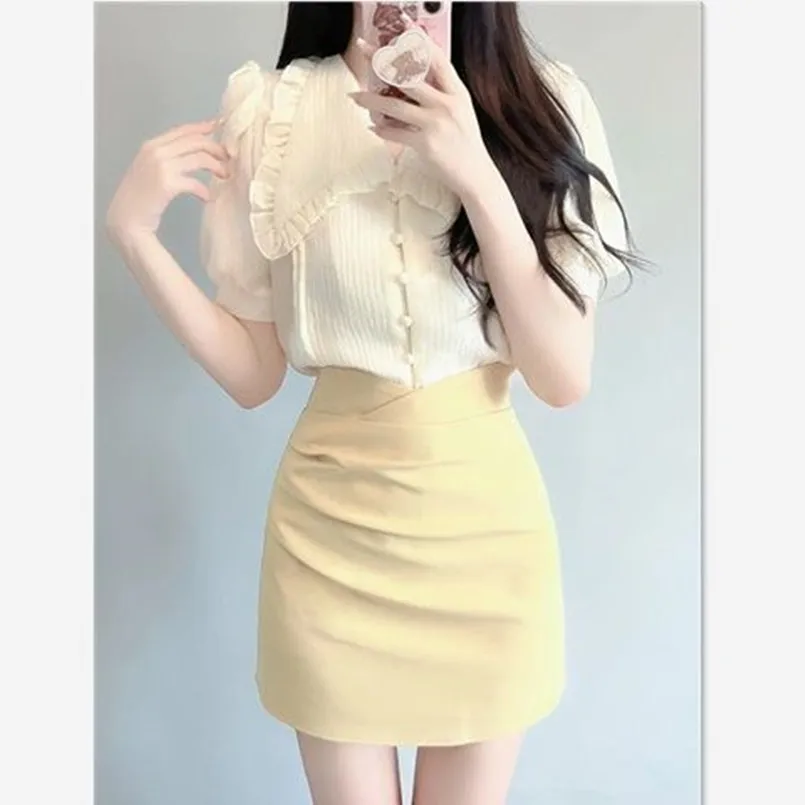Internet celebrity fashion 2024 summer gentle style doll neck bubble sleeve shirt high waist wrapped hip half skirt women's set