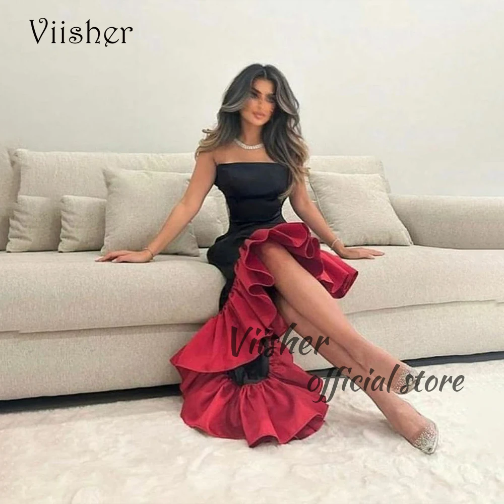 Black Red Mermaid Evening Dresses Ruched Satin Prom Dress with Slit Strapless Arabian Dubai Formal Occasion Gown Lace Up Back