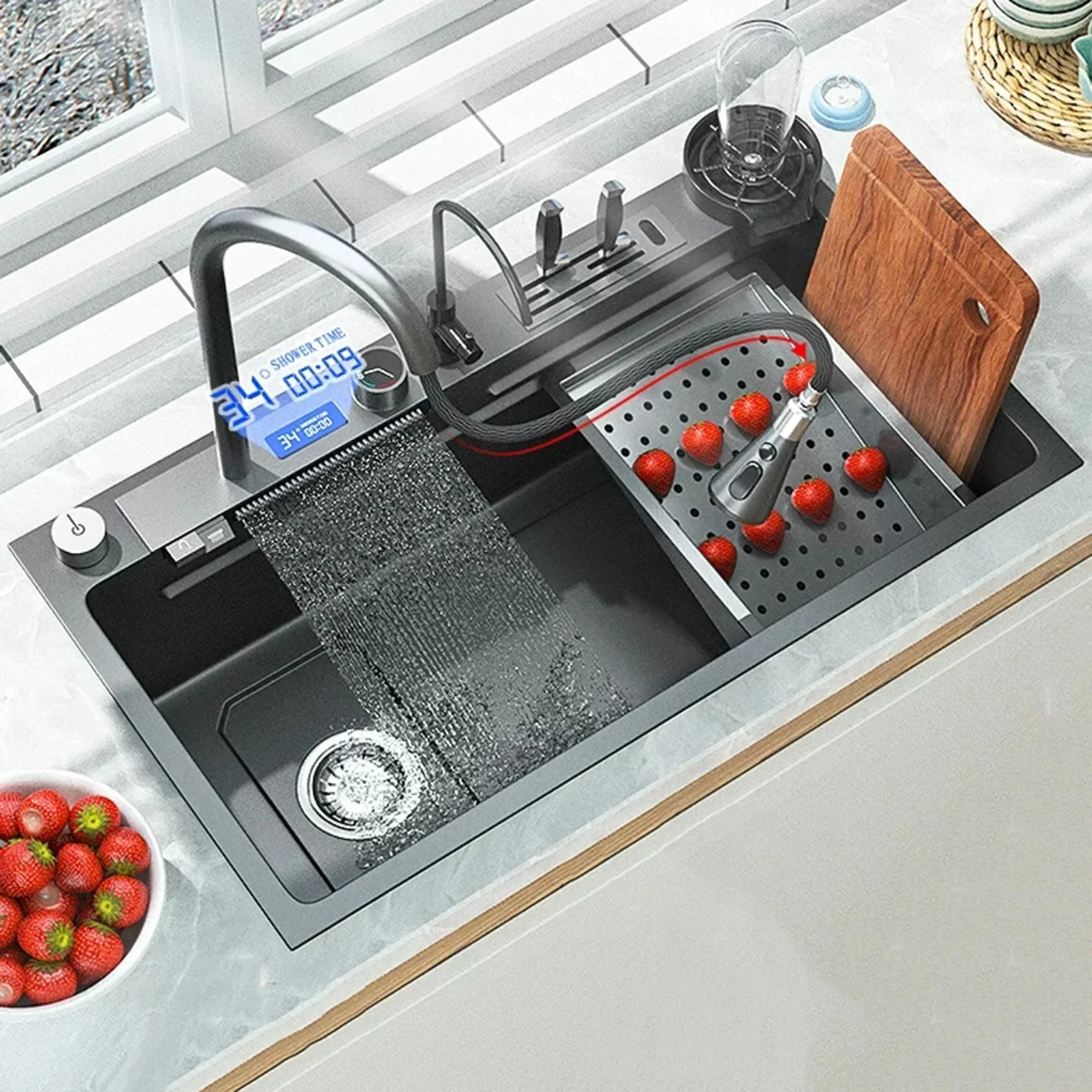 Stainless Steel Kitchen Waterfall Sink Digital Display Large Single Bowl Left Drainage Kitchen Sinks With Multifunction Faucet 2