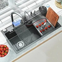 Stainless Steel Kitchen Waterfall Sink Digital Display Large Single Bowl Left Drainage Kitchen Sinks With Multifunction Faucet 2
