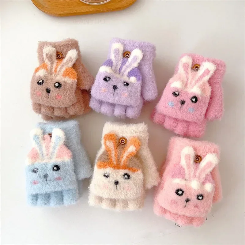 3-6Y New Cartoon Cute Girls Kids Warm Gloves Boys Children Outdoor Cycling Windproof Mittens Baby Writing Half Finger Flip Glove 3