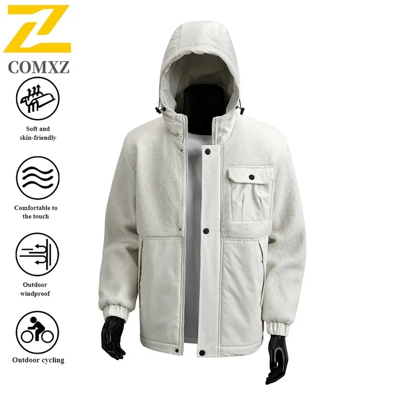 Autumn Winter Men's Hooded Jacket Zip-Up Style  Multiple pockets Loose Fit Thermal Waterproof Windproof Coat for Hiking Camping