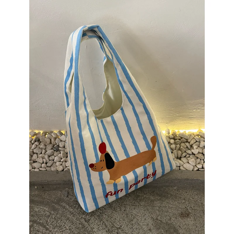 Cute Sausage Dog Striped Canvas Bag, New Niche Design, Single Shoulder Armpit Bag, Large Capacity Commuting Tote Bag