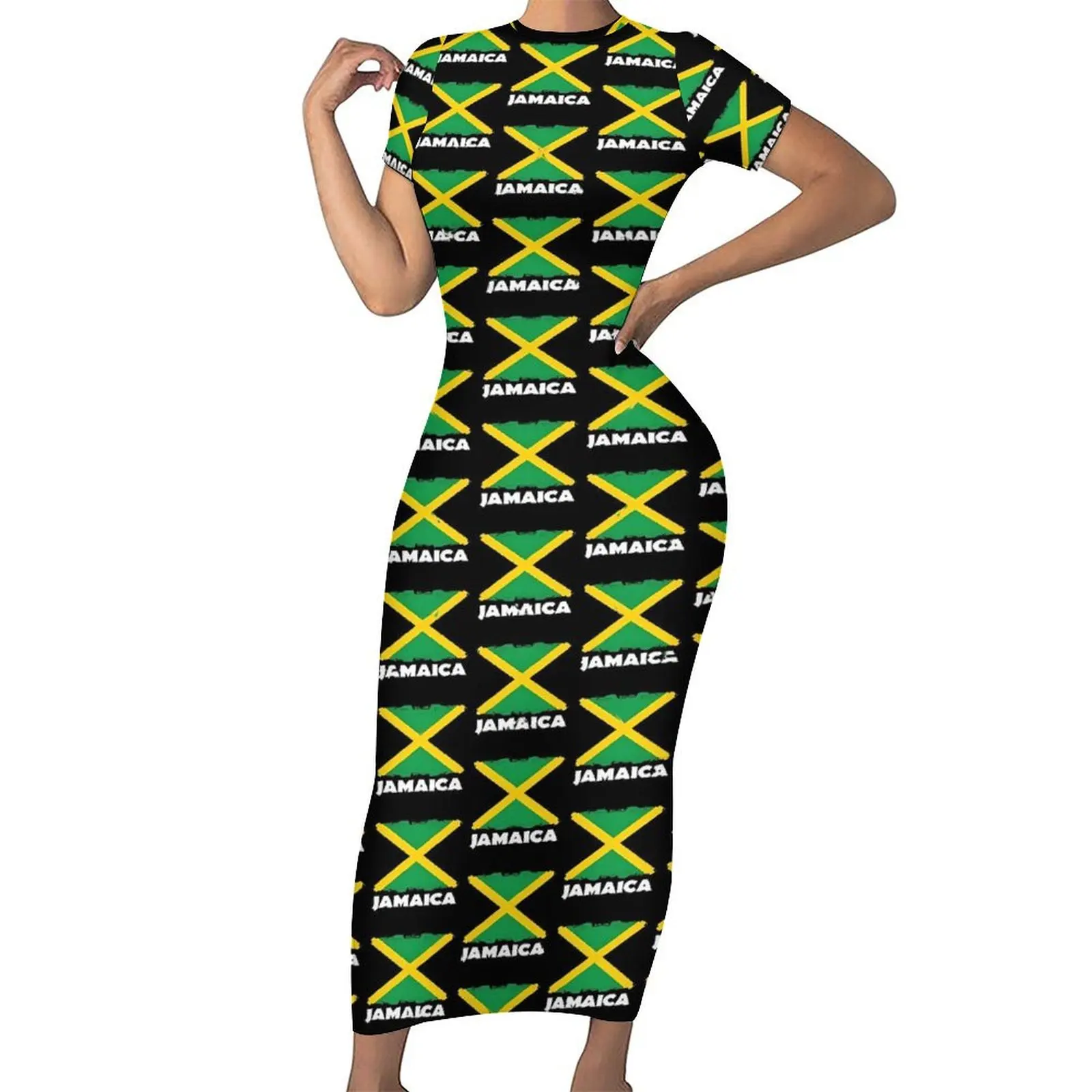 

Jamaica Flag Print Bodycon Dress Women National Day Sexy Maxi Dresses Spring Short Sleeve Streetwear Design Oversize Dress