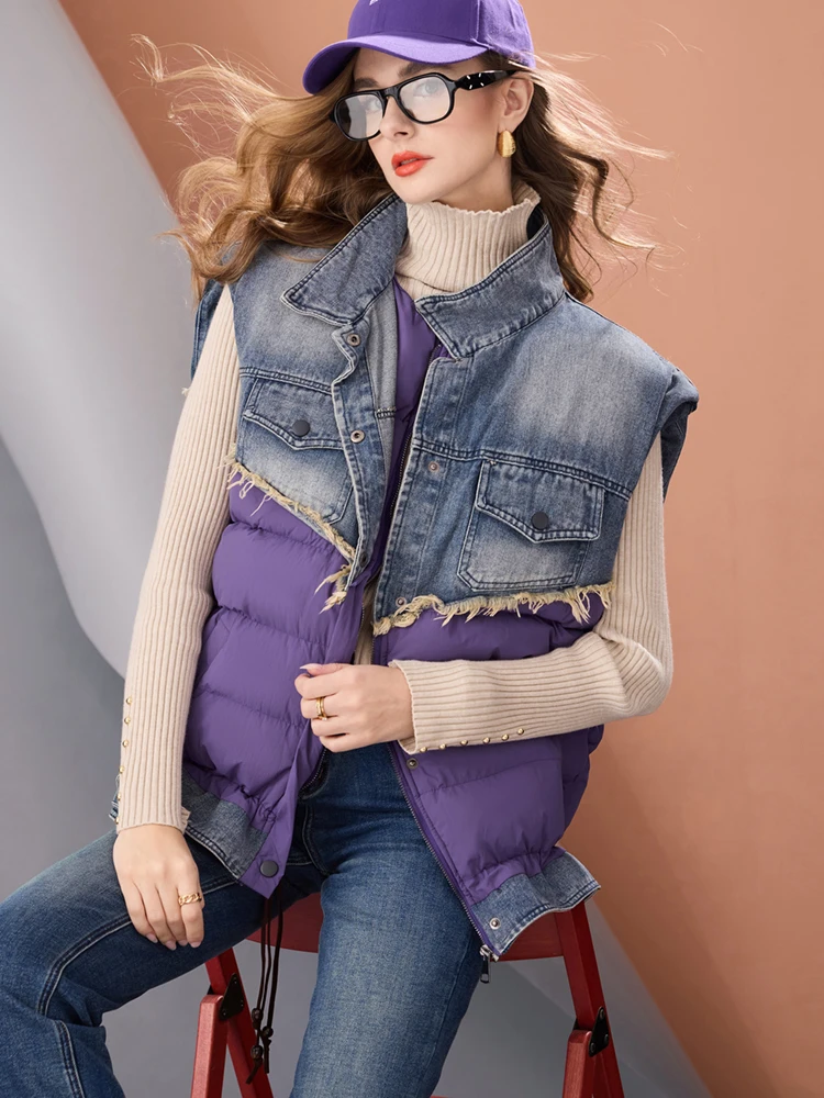 Women Oversized Denim Patchwork Puffer Vest Warm Sleeveless Jacket Streetwear Winter Fashion Outerwear Casual Layered Gilet 6