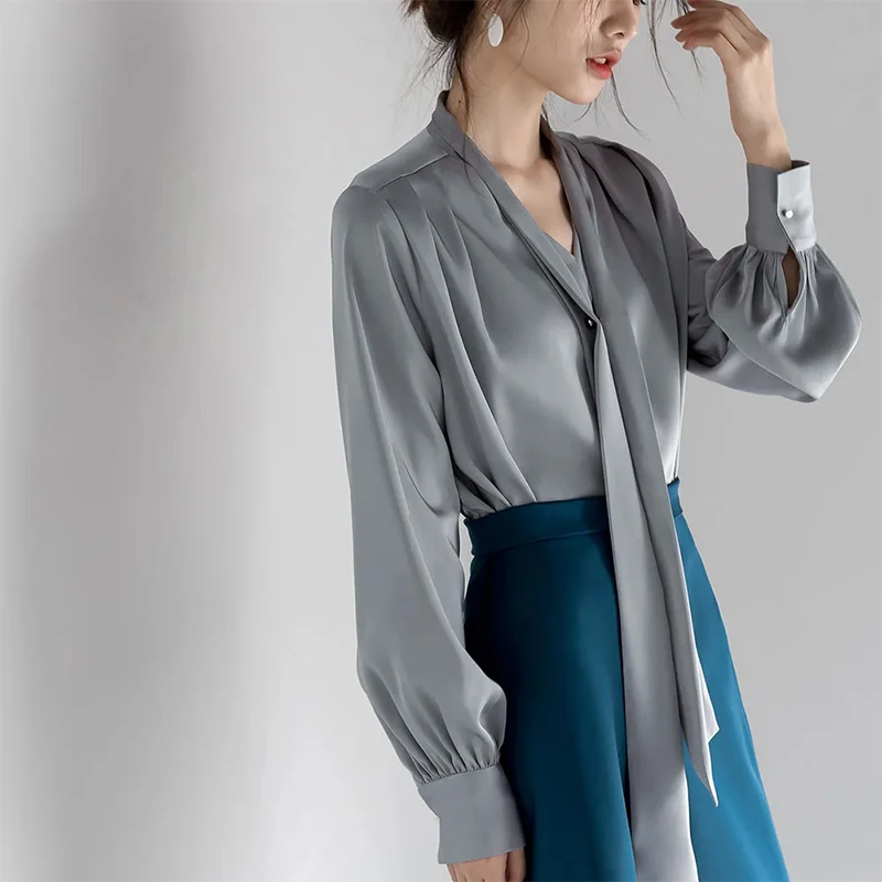Spring Autumn Fashion Harajuku Solid Shirt Women All Match Loose Pullover Casual Female Clothes Long Sleeve Scarf Collar Tops