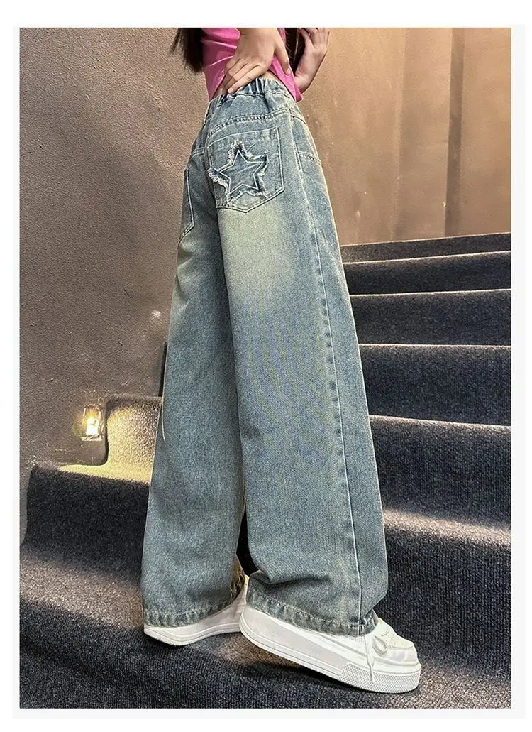 بنطلون جينز واسع الساق للفتيات لفصلي الربيع والخريف، خصر مرتفع، سروال طويل، ملابس أطفال، بنطلون دنيم للأطفال، نمط الزي المدرسي