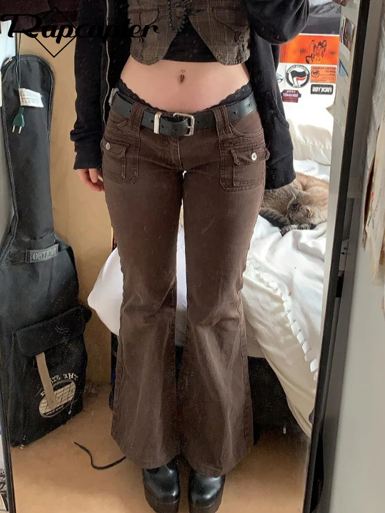 Rapcopter-pantalones vaqueros acampanados Y2K para mujer, Vaqueros Kawaii cintura baja con sólidos, estilo Grunge, informales y básicos - AliExpress Ropa mujer