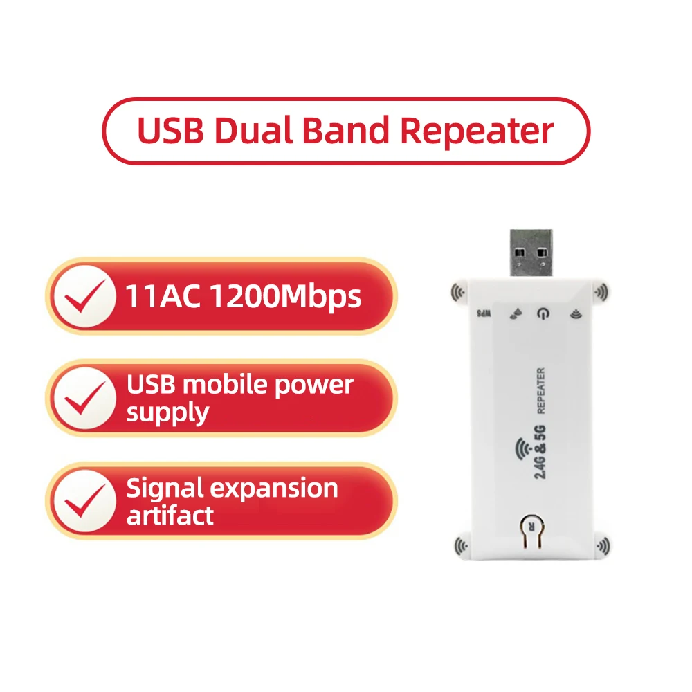 Dual Band USB WiFi Signal Amplifier Extender with 1200M Boost Capacity