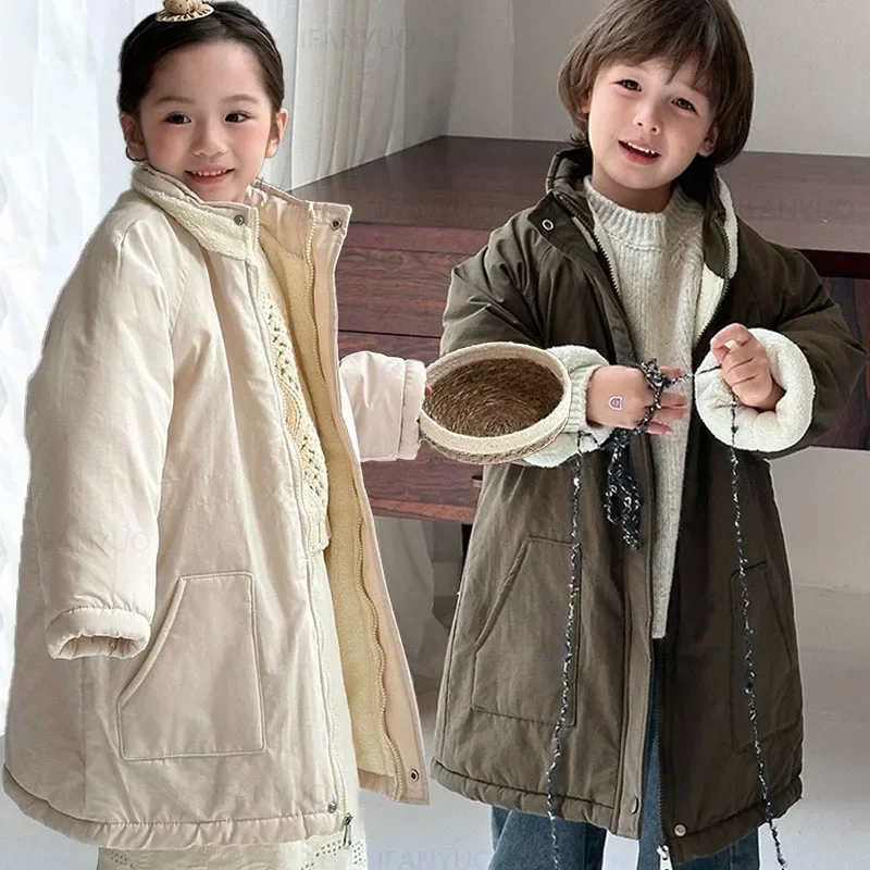 Children Thicken Plush Cotton Clothing Coats Autumn Winter Long Warm Boys Girls Baby Jacket Simple Fashion Korean Kids Outerwear