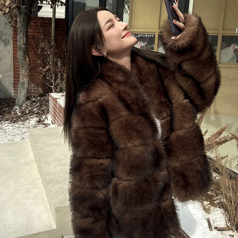 Faux Mink Fur Coat for Women Short Plush Jacket Warm Furry