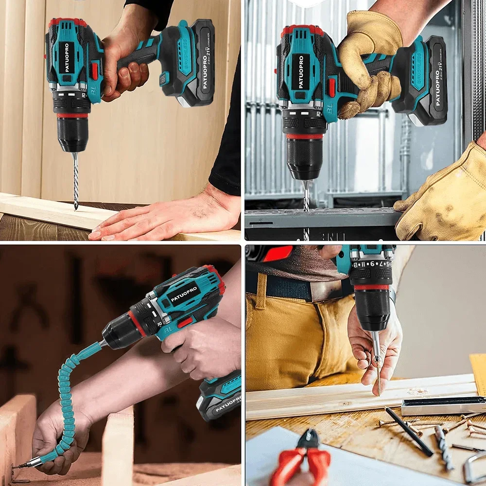 PATUOPRO 10mm Cordless Brushless Electric Drill 2-Speed Metal Chuck Drill Screwdriver Home DIY Power Tool For Makita 18V Battery 6