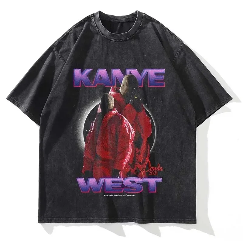 KANYE 남녀공용 그래픽 프린트 반팔 티셔츠, 면 소재, 빈티지 오버사이즈 크루넥, 패션 스트리트웨어, 여름 워싱