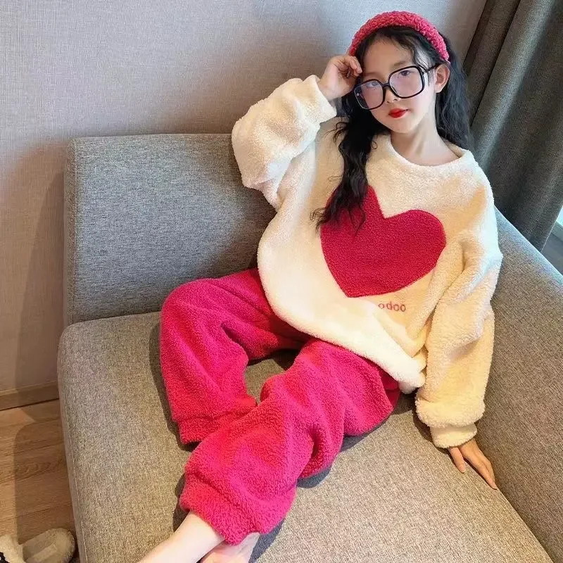 

Kids Flannel Pajamas Set Autumn Winter Thick Warm Sleepwear Two Pieces Cute Teenage Girls Homewear Pijamas Reversible Fleece Set