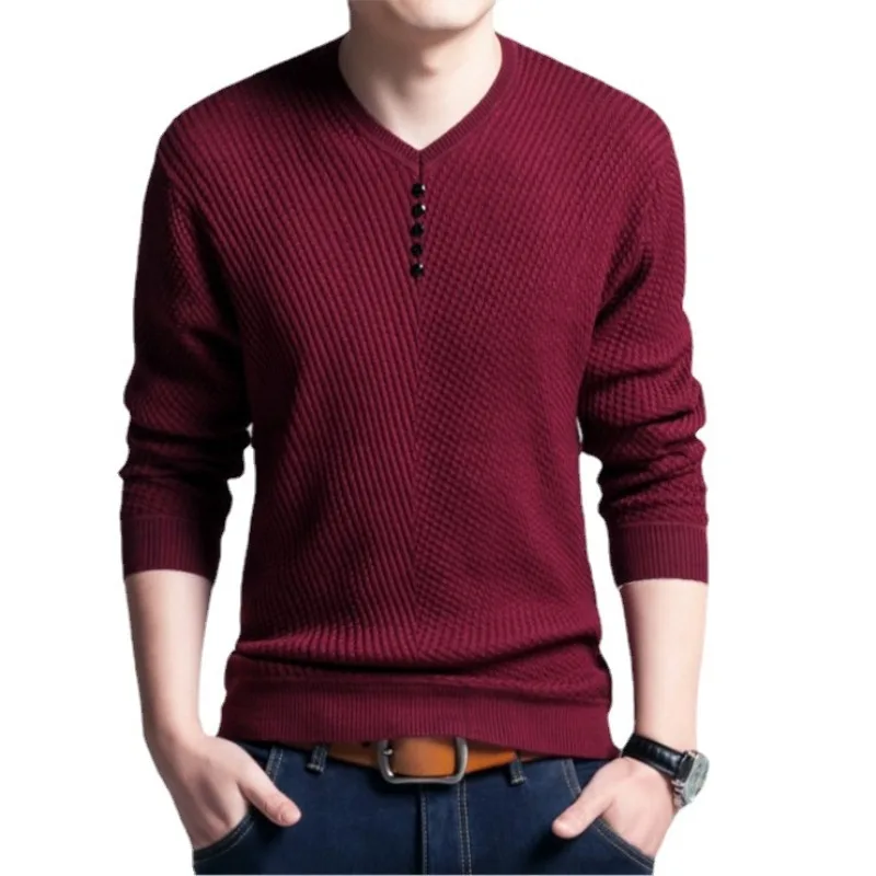 Autumn and Winter Men's Pullover V-Neck Solid Button Tee T-shirt Vacation Fashion Office Lady Casual Formal Knit Bottom Tops