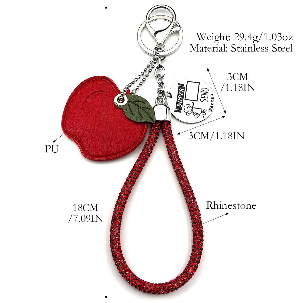 Roter Apfel Lehrertag Schlüsselanhänger für Frauen und Männer, Edelstahl, Strass, spanischer Abschluss-Taschenanhänger, Liebes-Schlüsselhalter, Schmuck – Detail 4