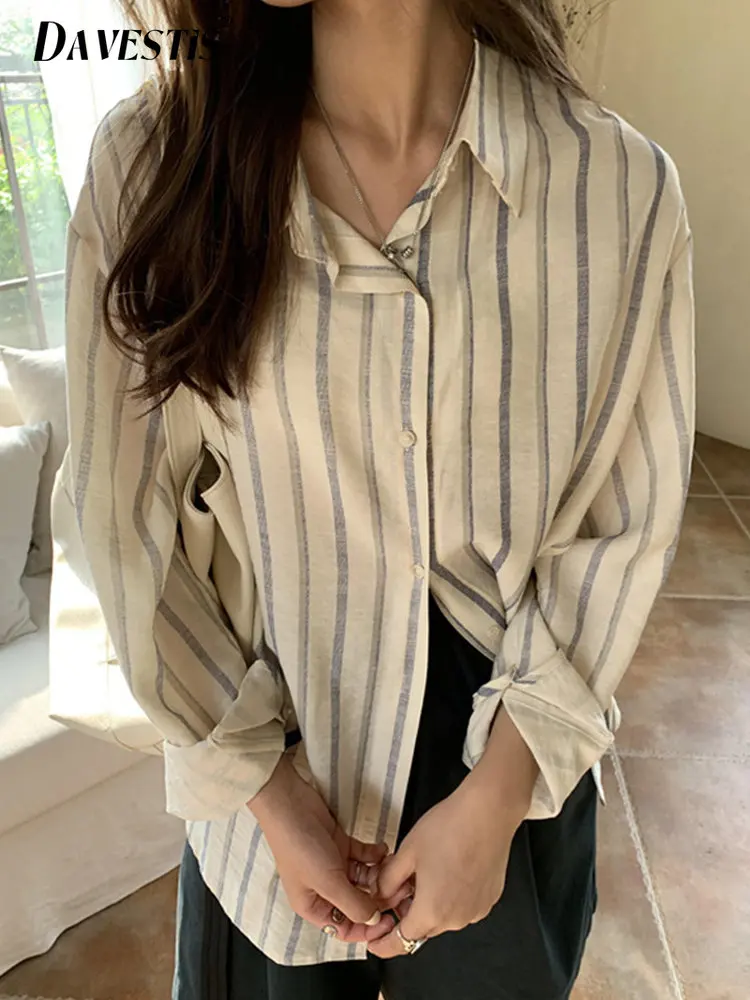 

French Striped Shirt for Women 2023 Spring Summer Korean Style Thin Section Casual Loose Shirt Ladies Retro Long Sleeve Blouse