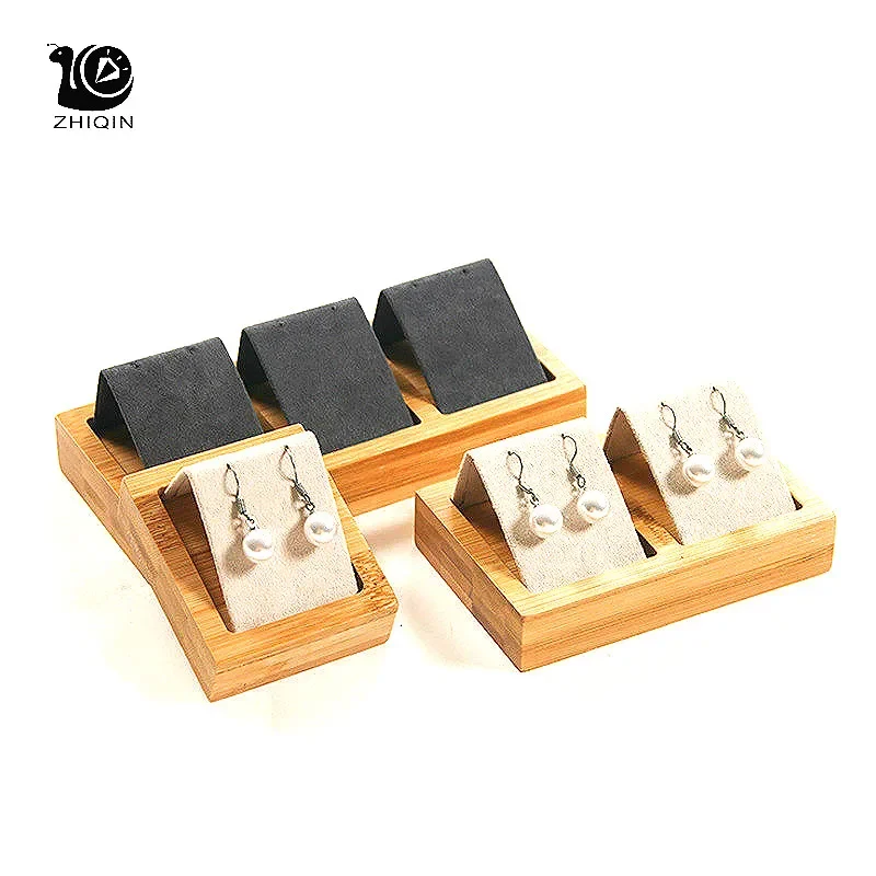 Simplicity Bamboo+Velvet Jewelry Display Stand Tray Earring Display Rack Stud Earrings Organizer Holder Jewelry Storage Tray