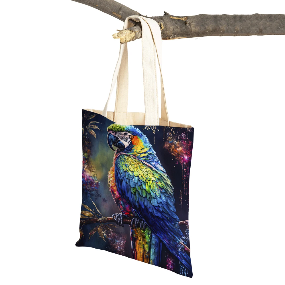 

Watercolor Bird Parrot Paint Casual Women Shopping Bag Double Print Tote Girl Travel Handbag Canvas Animal Children Shopper Bags