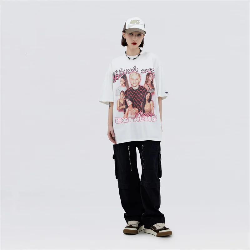

Woman Tops Summer Short Sleeve T shirts For Man Woman American Streetwear Cotton Letter Printed Retro Washed Oversize T shirts